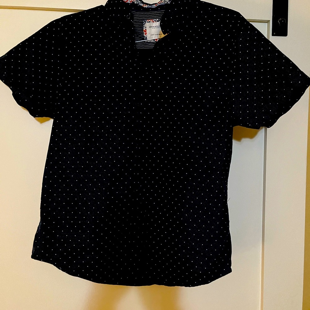 Denim and flower mens short sleeve button down